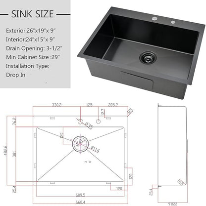 26 inch Black Drop in Kitchen Sink - VOKIM 26"x 19" Inch Drop in sink Stainless Steel Single Bowl top mount Sink With Dish Grid