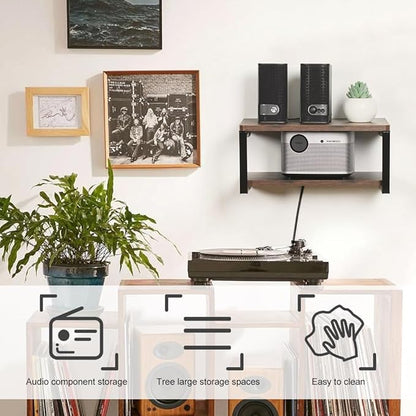 LUCKUP 2 Tier Floating AV Shelves Wall Mounted Projector Shelf Wooden Media Stand with Cable Relief Notch, Entertainment Center Metal Steel Frame