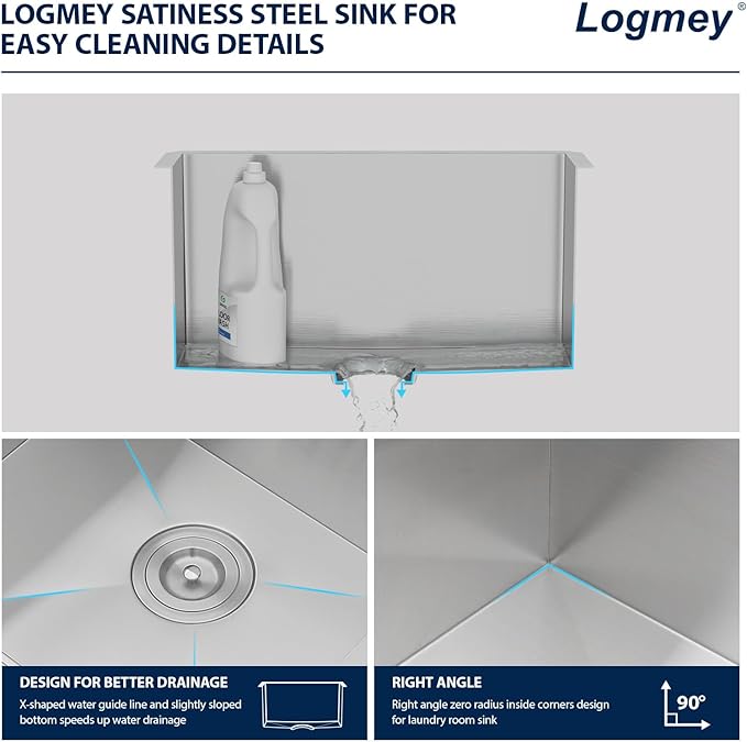 Logmey 21x18 Undermount Laundry Sink 21 Inch Laundry Room 12" Deep Sinks Handmade 16 Gauge Heavy Duty Stainless Steel Large Capacity Utility Washing Tub for Home & Commercial Use