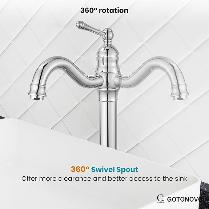 gotonovo Vessel Sink Faucet 360° Swivel Spout Single Handle Tall Bathroom Faucet 1 Hole Farmhouse Lavatory Washbasin Mixer Tap Matching Supply Hoses, with Pop Up Drain, Polish Chrome