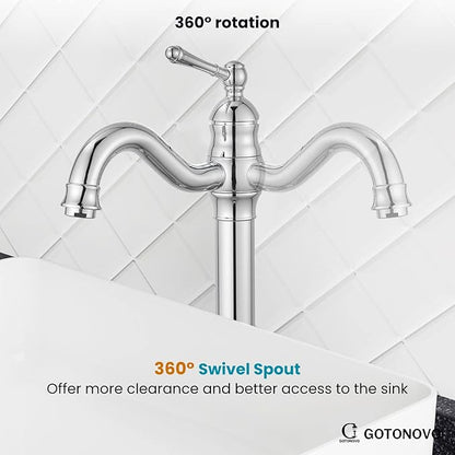 gotonovo Vessel Sink Faucet 360° Swivel Spout Single Handle Tall Bathroom Faucet 1 Hole Farmhouse Lavatory Washbasin Mixer Tap Matching Supply Hoses, Without Pop Up Drain, Polish Chrome
