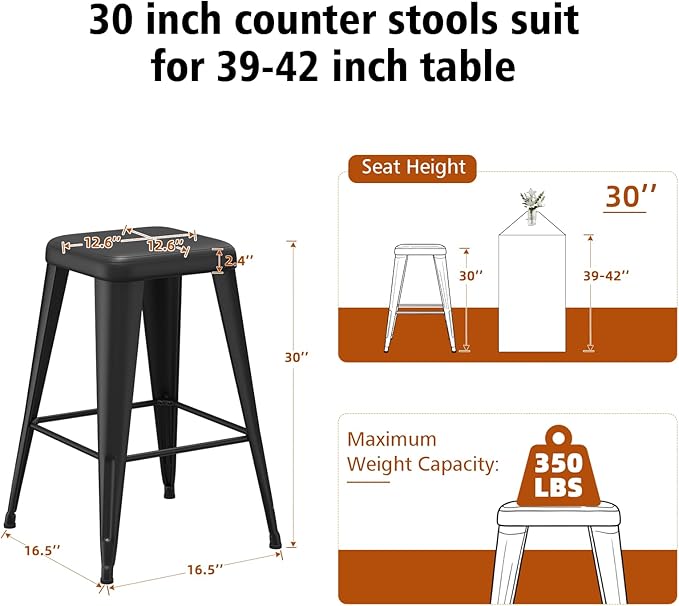 Backless Bar Stools Set of 4, Upholstered Faux Leather Counter Height Stools with Sturdy Metal Legs, 30 Inch Barstools for Kitchen Island (Black)