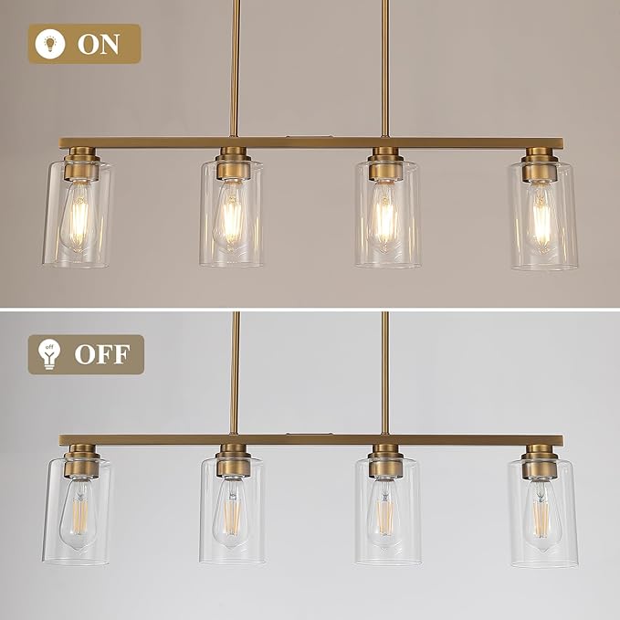 Mecgirn Island Light for Kitchen, Brushed Brass Dining Room Light Fixture Over Table, 4-Light Linear Chandelier Pendant Lighting for Dining Table Kitchen Island Living Room