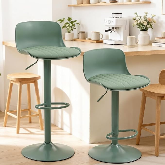 Bar Stools Set of 2 with Backrest, Adjustable Height Upholstered Barstools, Swivel Leather Island Chairs, Modern Armless Stools for Bar, Kitchen Island, Dining Room (Mint Green)