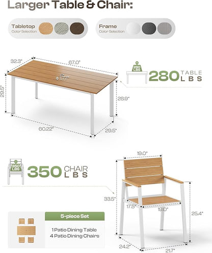 Outdoor Patio Dining Chairs Set of 2, 350LBS Capacity Aluminum Patio Dining Chairs with Armrests, Weather-Resistant for Lawn, Garden, Yard, Poolside and Indoor Use (White & Teak)