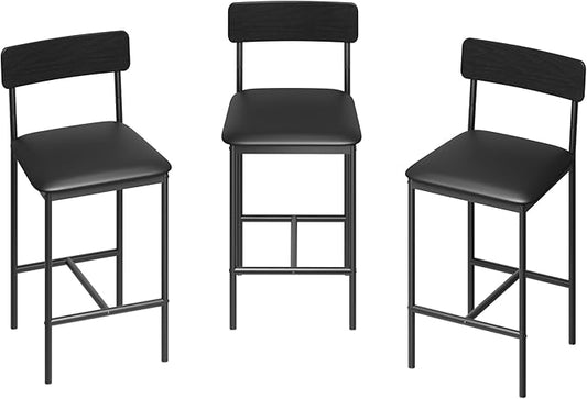 TrailBlaze Bar Stools Set of 2, 25.5'' Counter Height Upholstered Chairs with Backrest & Footrest, Modern PU Leather Barstools - Kitchen Island, Dining Room, Breakfast Bar - Easy Assembly - Black