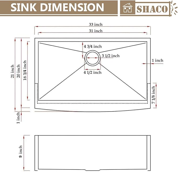 SHACO 33 Inch Stainless Steel Farmhouse Sink, 33x21 Apron Front Farm Sink, 9 Inch Deep 16 gauge Commercial Single Bowl Kitchen Sink