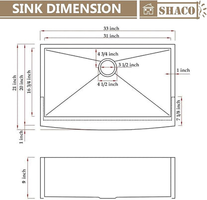 SHACO 33 Inch Stainless Steel Farmhouse Sink, 33x21 Apron Front Farm Sink, 9 Inch Deep 16 gauge Commercial Single Bowl Kitchen Sink