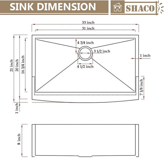 SHACO 33 Inch Stainless Steel Farmhouse Sink, 33x21 Apron Front Farm Sink, 9 Inch Deep 16 gauge Commercial Single Bowl Kitchen Sink