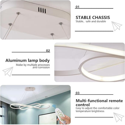 White LED Chandelier Lighting Fixture Minimalist Wave Design with Remote for Living Room Dining Room Kitchen Island Bedroom