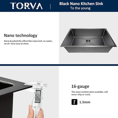 TORVA 32 x 19 Inch Gloss Black Ceramic Coating with NanoTek Undermount Kitchen Sink,PVD Coated Gunmetal Sink, 16 Gauge Stainless Steel Wet Bar or Prep Sinks Single Bowl, Dark Gray