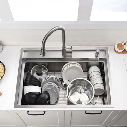 30 Inch Drop In Kitchen Sink Splash Guard Workstation - VOKIM 30 Inch Drop In Sink Stainless Steel Single Bowl 16 Gauge 10'' Deep Handmade Kitchen Sink with Cutting Board& Strainer