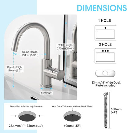 CREA Bar Sink Faucet, Bathroom Kitchen Faucet Brushed Nickel Pre Wet Small Mini Kitchen Bath Utility Marine Faucet Single Hole Stainless Steel Farmhouse Vanity Lavatory Faucets Outdoor