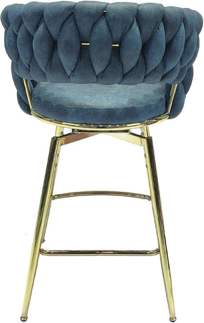 26" Bar Chair Suede Woven Bar Stool Set of 2,Golden Legs Bar stools No Adjustable Kitchen Island Chairs,360 Swivel Bar Stools Upholstered Bar Chair Counter Stool Arm Chairs with Back Footrest (Blue)