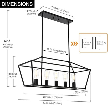 VINLUZ Farmhouse Kitchen Island Lighting,5 Light Industrial Linear Chandelier for Dining Room Metal Matte Black Finish Hanging Pendant Light Fixture for Bedroom Living Room Hallway