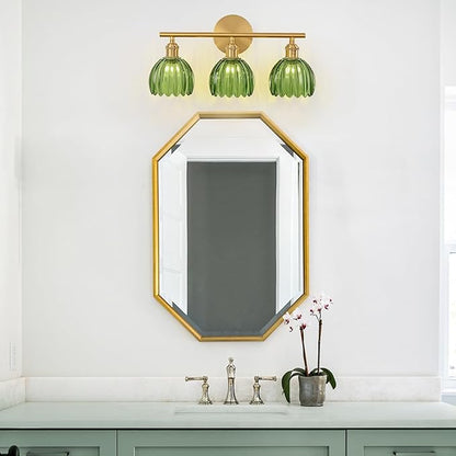 Gold Bathroom Light Fixtures Over Mirror, 3 Light Bathroom Vanity Light Fixture with Tulip Green Glass Lampshade, Vintage Vanity Lights for Bathroom, Bathroom Vanity Lights Over Mirror