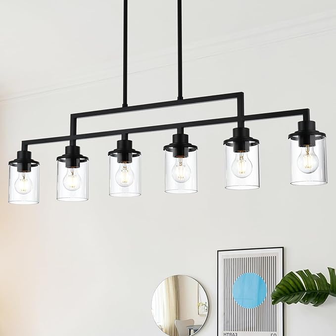 Yaohong 6-Light Black Linear Chandelier for Dining Room, Farmhouse Kitchen Island Light Fixture with Clear Glass Shades, Adjustable Ceiling Hanging Light for Dining Table and Living Room