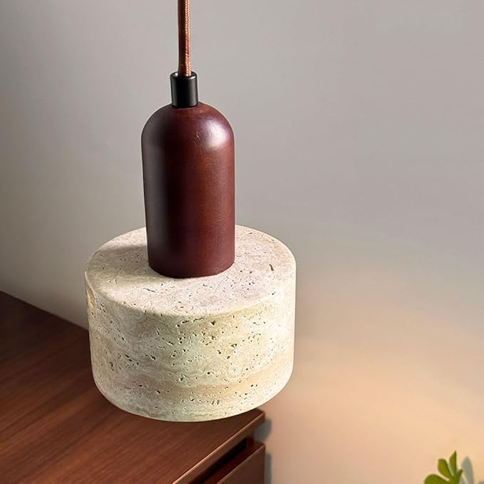 Japanese Wabi sabi Pendant Light with Natural Stone Shade, Dimmable Modern Wood Hanging Lamp Fixture, Adjustable Height Pendant Lamp for Bedroom, Kitchen Island, Dining Room, Restaurant, Cafe, Bar (A)