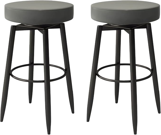 Set of 2 s, PU Leather Backless Chairs with Black Metal Legs, Chairs for Kitchen Island, Dining Room, Living Room, Restaurant,Grey-Sitting Height 75cm