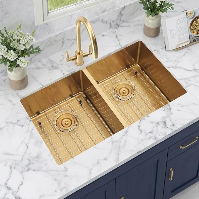 LQS Gold Kitchen Sink 31 Inch, Gold Double Kitchen Sink, Undermount Stainless Steel Sink 16 Gauge Top Grade, R10 Round Corner, X-Shaped Drain Line and Equipped with Roll-Up Dish Rack for Drying
