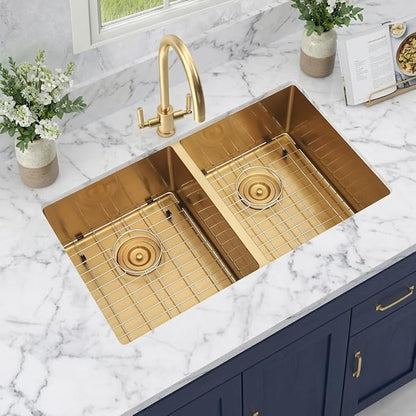 LQS Gold Kitchen Sink 31 Inch, Gold Double Kitchen Sink, Undermount Stainless Steel Sink 16 Gauge Top Grade, R10 Round Corner, X-Shaped Drain Line and Equipped with Roll-Up Dish Rack for Drying