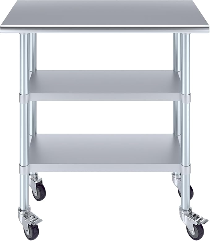 Stainless Steel Work Table with 2 Shelves and Casters | Kitchen Island Food Prep | Laundry Garage Utility Bench | NSF Certified (36" Long x 18" Deep)