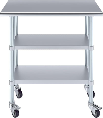 Stainless Steel Work Table with 2 Shelves and Casters | Kitchen Island Food Prep | Laundry Garage Utility Bench | NSF Certified (36" Long x 18" Deep)