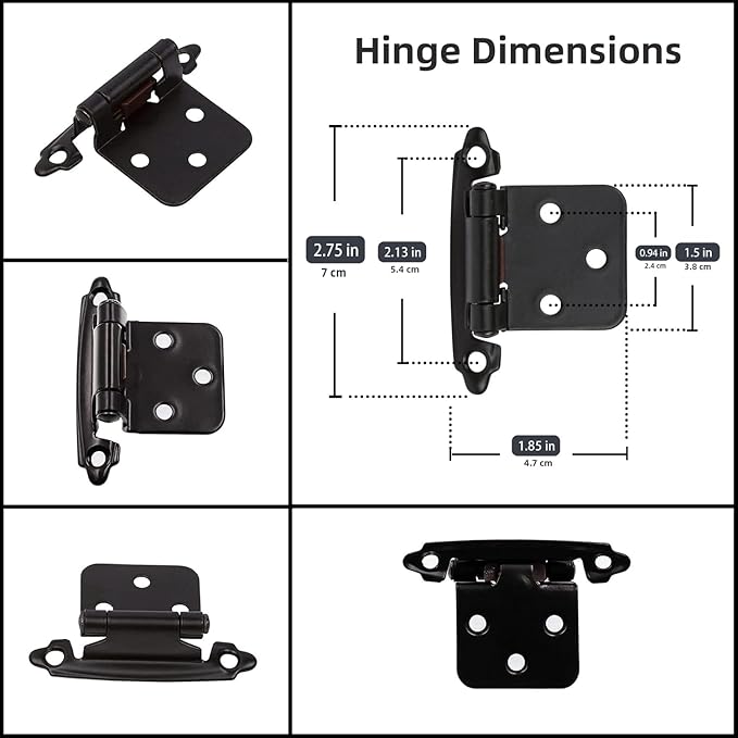 Decobasics 1/2" Overlay Matte Black Cabinet Hinges (5 Pair -10 Pcs) Self Closing Bath & Kitchen Cabinet Hinges Black Flush Mount w/Door Bumpers & Upgraded Screws