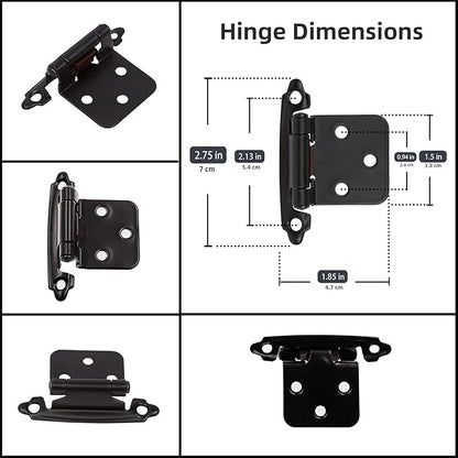 Decobasics 1/2" Overlay Matte Black Cabinet Hinges (10 Pair -20 Pcs) Self Closing Bath & Kitchen Cabinet Hinges Black Flush Mount w/Door Bumpers & Upgraded Screws