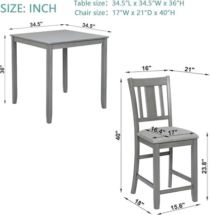 5-Piece Counter Height Solid Wood Dining Table Set for 4, Square Kitchen Table with 4 Upholstered Slatted-Back Chairs, Modern Gray Dining Set for Kitchen and Dining Room