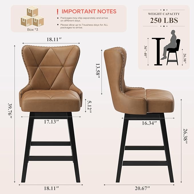MALOL Swivel Bar Stools Set of 6, PU Leather Mid Century Mondern Barstools, 26 inch Counter Height Bar Chairs with Solid Back and Wood Legs, for Kitchen Island，Brown