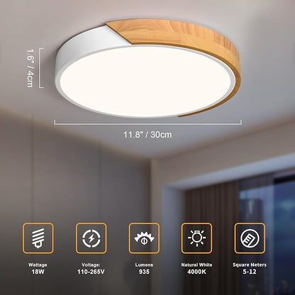 Vikaey Modern LED Ceiling Light, Minimalist Wood Style Flush Mount Ceiling Light Fixture, Circle Lighting Lamp with Acrylic Lampshade for Bedroom Living Room Dining Room Laundry (White, 11.8'')