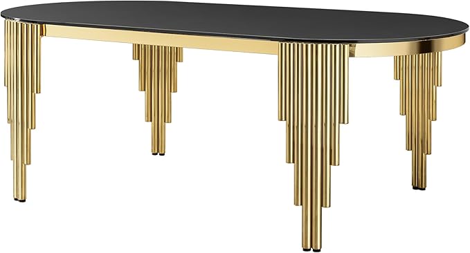 70" Oval Glass Dining Table for 6,Luxury Elegant Kitchen Table with Black Tempered Glass Table Top and Golden Stainless Steel Base,Modern Gold Dining Room Table