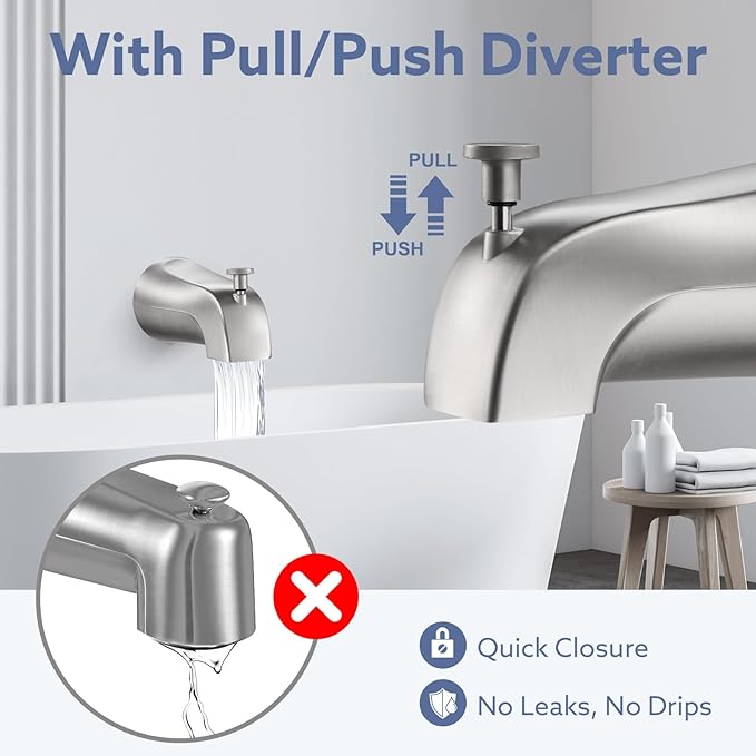 Tub Spout with Diverter – Slip-Fit Bathtub Faucet Spout Replacement, 1/2” Copper Pipe Connection, Easy to Install, Universal for Bathroom Shower (Brushed Nickel)