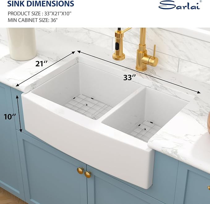 Sarlai 33 Double White Farmhouse Sink - 33 x 21 Inch Kitchen Sink Apron Front Double Bowl 60/40 White Porcelain Ceramic Fireclay Kitchen Farm Sinks Basin