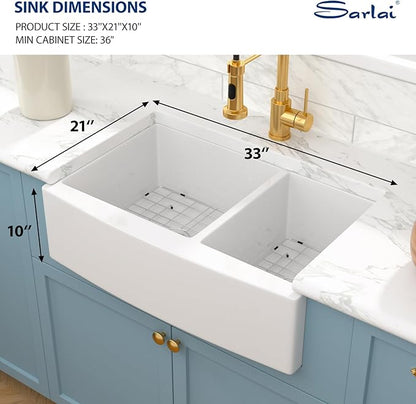 Sarlai 33 Double White Farmhouse Sink - 33 x 21 Inch Kitchen Sink Apron Front Double Bowl 60/40 White Porcelain Ceramic Fireclay Kitchen Farm Sinks Basin