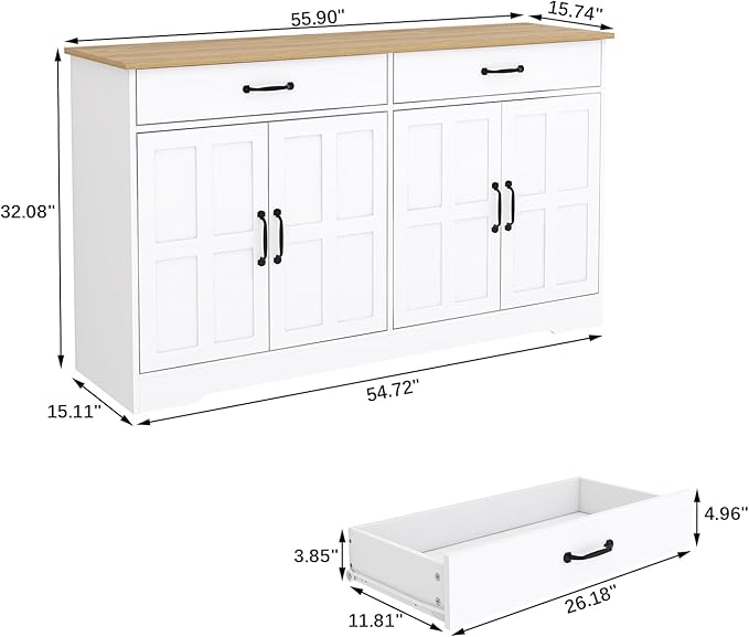 Locsear Sideboard Buffet Cabinet with Storage, 55" Large Kitchen Storage Cabinet with 2 Drawers and 4 Doors, Wood Coffee Bar Buffet Table Console for Kitchen Dining Room, White