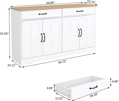 Locsear Sideboard Buffet Cabinet with Storage, 55" Large Kitchen Storage Cabinet with 2 Drawers and 4 Doors, Wood Coffee Bar Buffet Table Console for Kitchen Dining Room, White