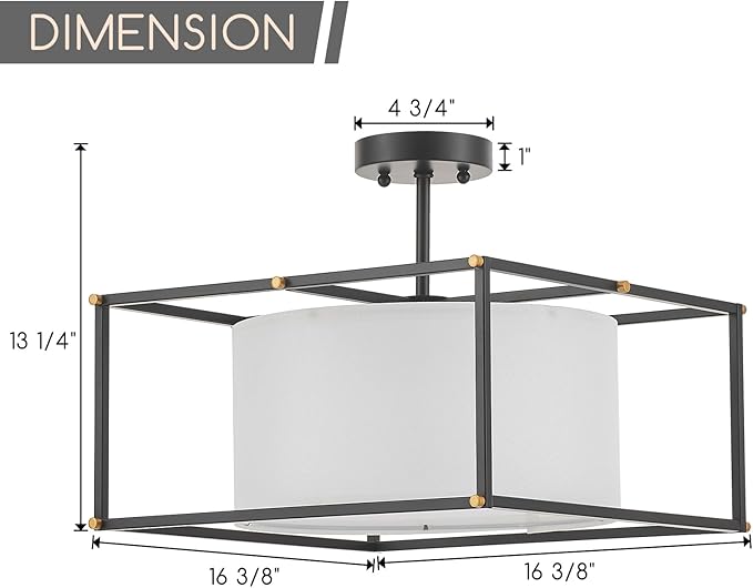 VILUXY Modern Semi Flush Mount Ceiling Light 16" Black and White Fabric Ceiling Chandelier Drum Farmhouse Round Ceiling Lamps Fixture Square Metal for Entryway Dining Room Bedroom