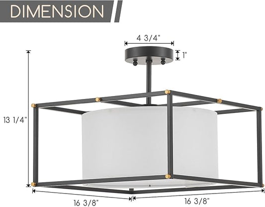 VILUXY Modern Semi Flush Mount Ceiling Light 16" Black and White Fabric Ceiling Chandelier Drum Farmhouse Round Ceiling Lamps Fixture Square Metal for Entryway Dining Room Bedroom