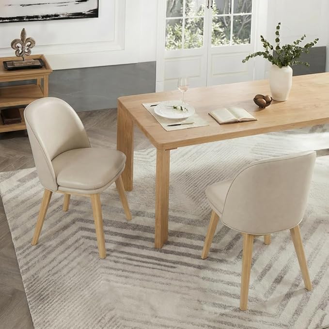 KISLOT Wooden Dining Chairs Set of 4, Faux Leather Upholstered Modern Dining Room Chairs with Double-Layer Thick Seat Cushion & Ergonomic Backrest for Restaurant, Kitchen and Café, Beige, 2 Boxs