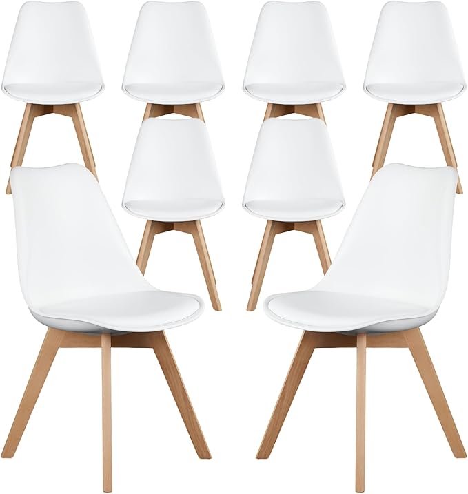 NEWBULIG Dining Chairs Set of 8, Mid Century Modern Dining Room Chairs for Kitchen, PU Leather Cushion and Upholstered Side Seating with Wood Legs for Living Rroom, Lounge, White