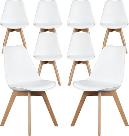 NEWBULIG Dining Chairs Set of 8, Mid Century Modern Dining Room Chairs for Kitchen, PU Leather Cushion and Upholstered Side Seating with Wood Legs for Living Rroom, Lounge, White