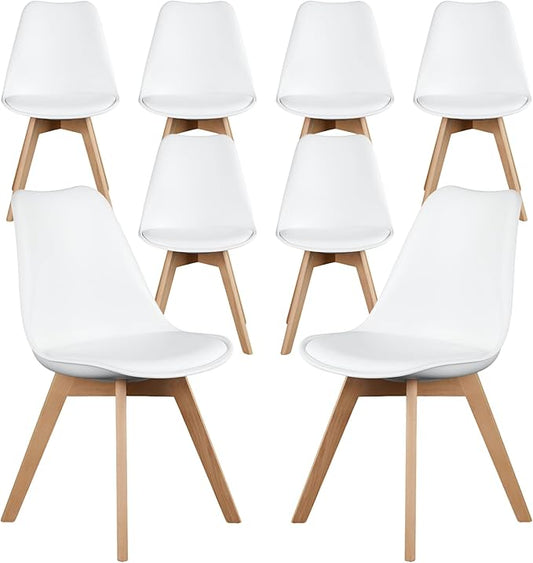 NEWBULIG Dining Chairs Set of 8, Mid Century Modern Dining Room Chairs for Kitchen, PU Leather Cushion and Upholstered Side Seating with Wood Legs for Living Rroom, Lounge, White