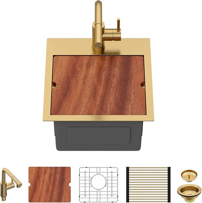 15 Outdoor Kitchen Sink with Faucet- Beslend Gold Drop In Outdoor Bar Sink with Pull-Out Faucet and Cover, 16 Gauge Stainless Steel Kitchen Sinks Workstation Single Bowl Above Counter Indoor Outdoor