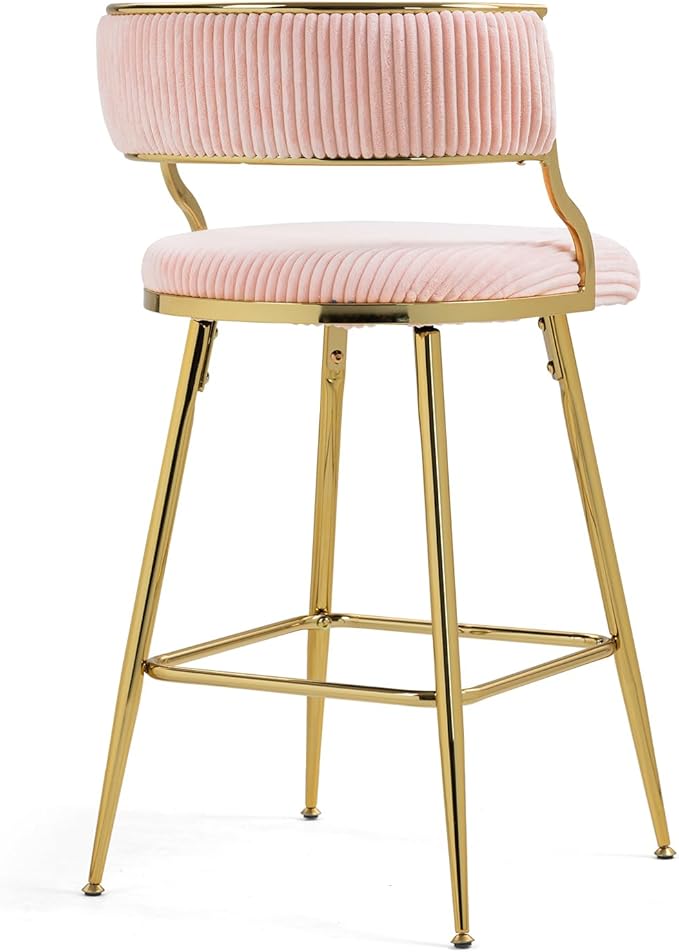2-Pack Pink Corduroy Counter Height Bar Stools with Back, Golden Chrome Base and Footrest, Modern Kitchen Island Stools Set of 2, Upholstered Dining Stools for Home, Office, Cafe