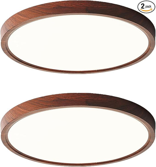 HEYAN Walnut Wood Flush Mount Ceiling Light Fixture,12 Inch Dimmable LED Ceiling Light with 3000K-4000K-6000K Selectable Flat Low Profile Round Ceiling Lights for Bedroom Hallway Laundry (2 Pack)