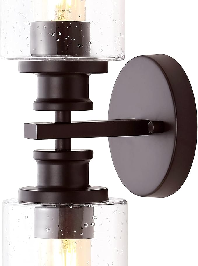 JONATHAN Y 16.5" Oil Rubbed Bronze 2-Light LED Wall Sconce, Modern Farmhouse Vanity Light with Seeded Glass Shade, Industrial Iron Fixture for Bathroom Mirror, LED Bulbs Included (JYL7577B)
