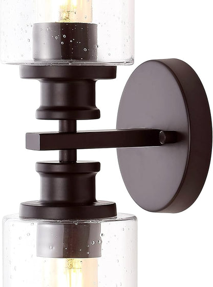 JONATHAN Y 16.5" Oil Rubbed Bronze 2-Light LED Wall Sconce, Modern Farmhouse Vanity Light with Seeded Glass Shade, Industrial Iron Fixture for Bathroom Mirror, LED Bulbs Included (JYL7577B)