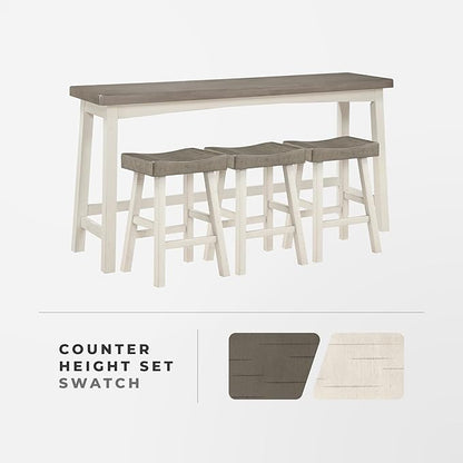 Lexicon Bar Table Set for 3, Small Kitchen Table Set Kitchen Island Table with 3 Saddle Bar Stools, 4 Piece Dining Table Set for Breakfast Nook, Living Room, Apartment, Counter Height, White/Coffee